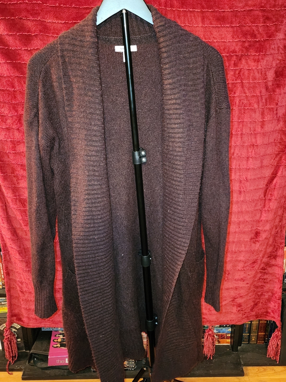 Nine West Dark Brown Open-Front Shawl Collar Cardigan